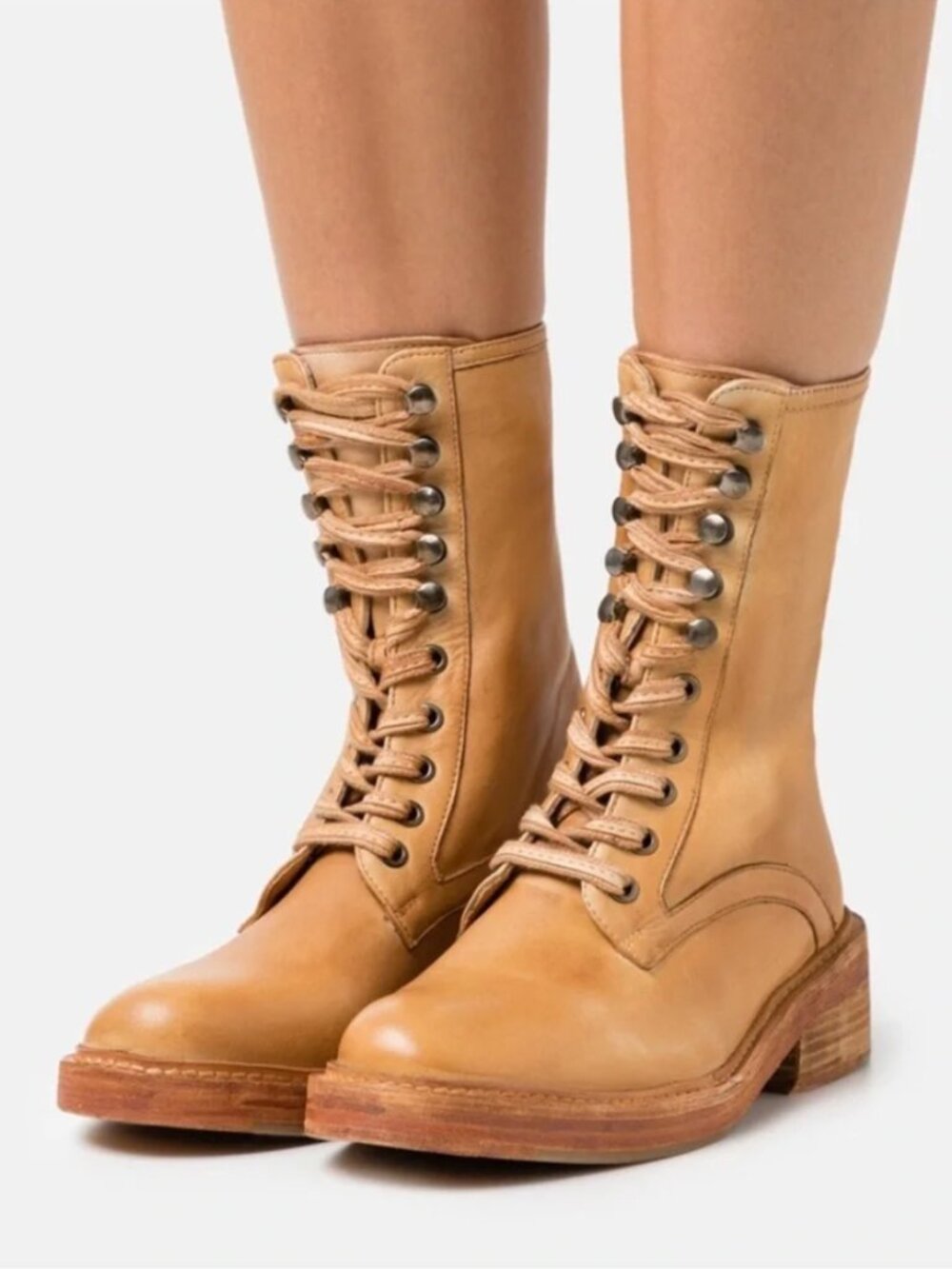 NWOB Free People Santa Fe Lace Up Honey Leather Combat Boots Sz 37